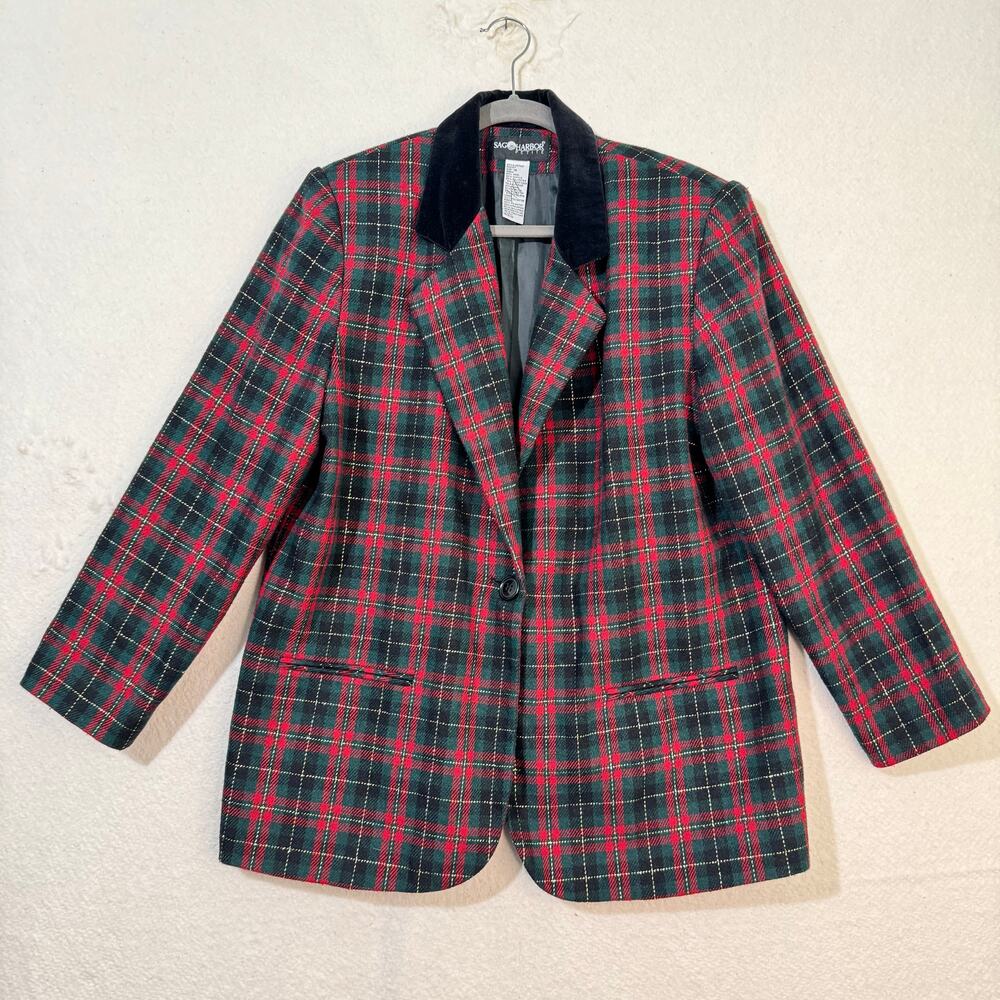 Sag Harbor Red Green Tartan Plaid Wool Blazer Black Velvet Gold Thread Petite 16